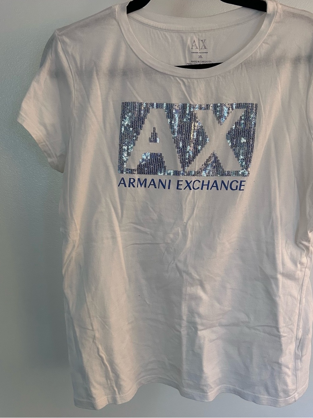 Armani Exchange White Tee with Blue and Silver Sequined AX Logo